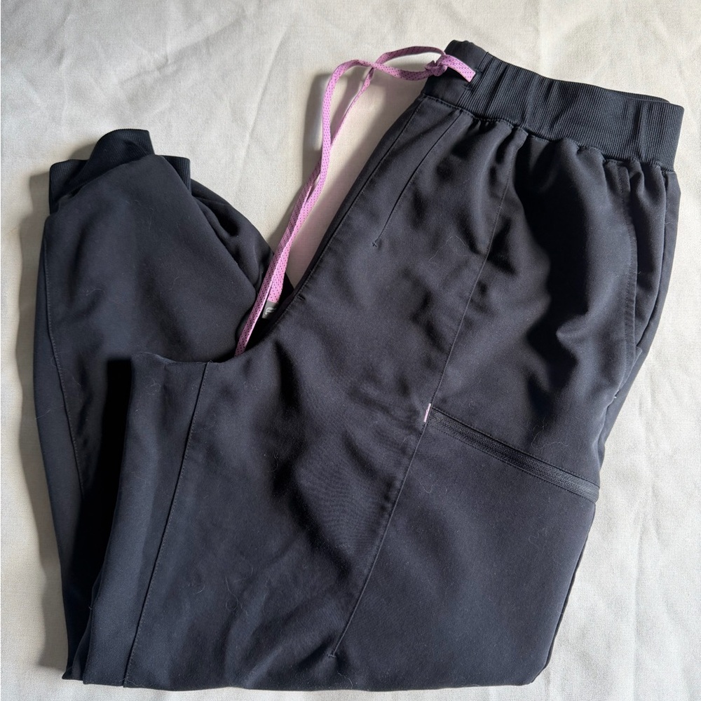 Black Fabletics High Rise Jogger Scrub Pants with Pink Drawstring